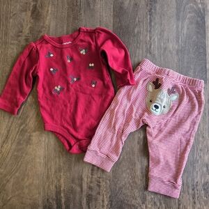 Christmas Outfit for Baby w/ Reindeer Candy Cane Stripe Pants & Red Bodysuit